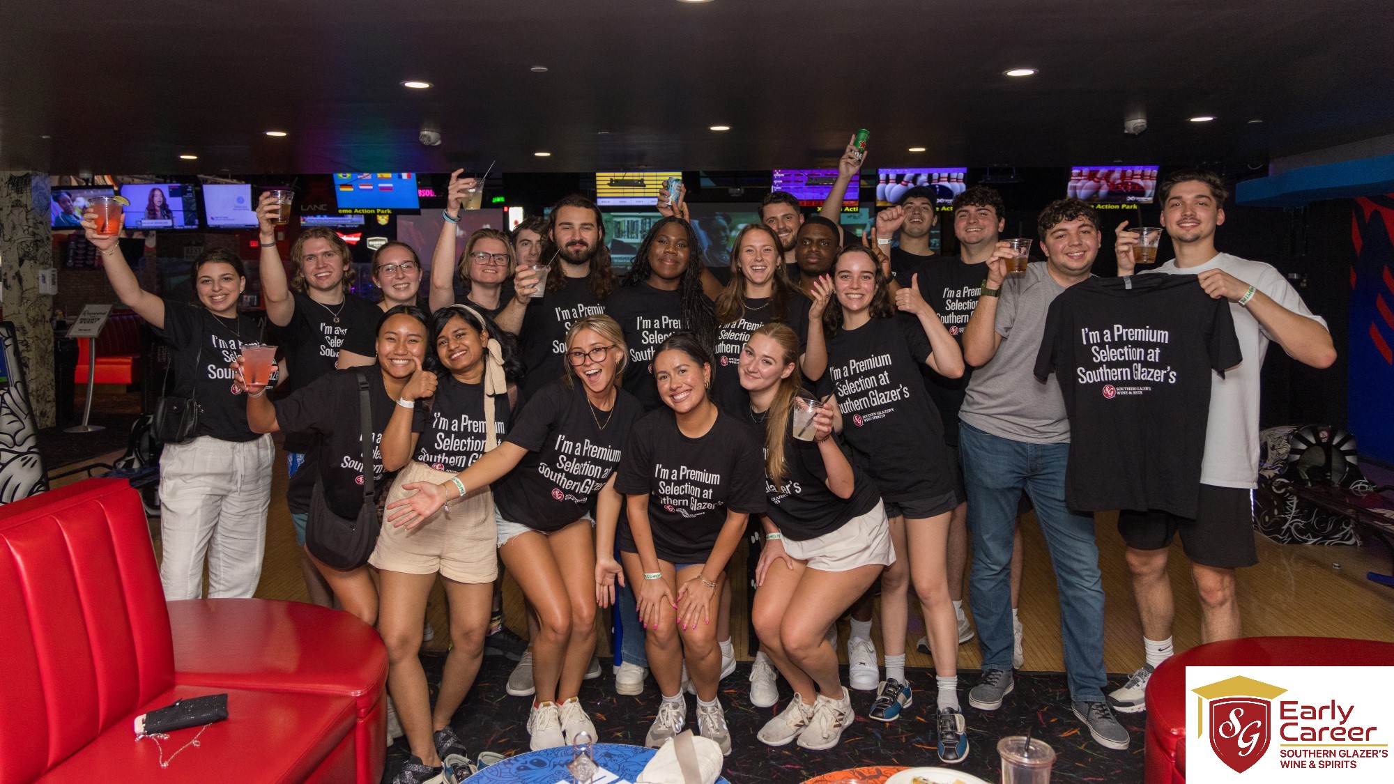 Internship group photo at bowling event