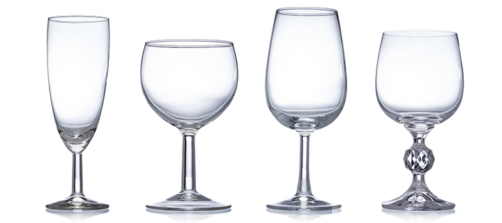 Close up of four diffferent types of wine glasses