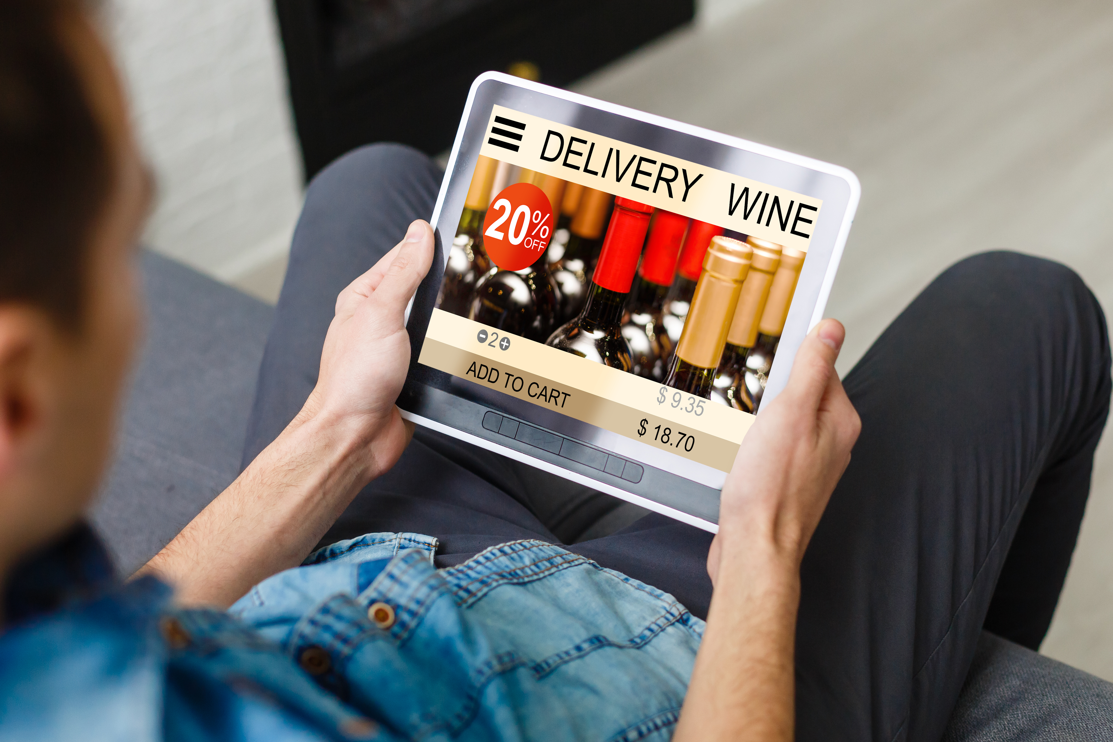 Hipster man hands holding digital tablet with app delivery food wine screen